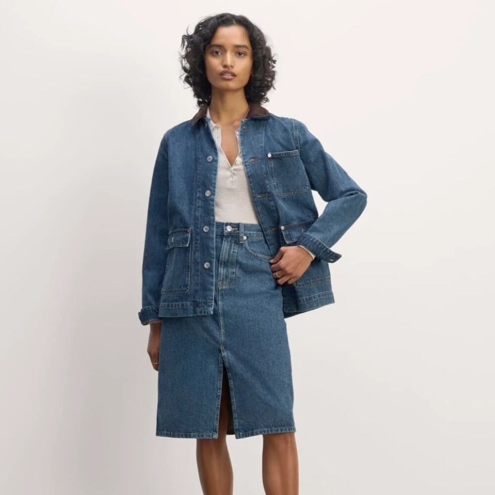 EVERLANE The Mid-Way Midi Denim Skirt Deep Atlantic Wash Sz 27R $118 {3C53}